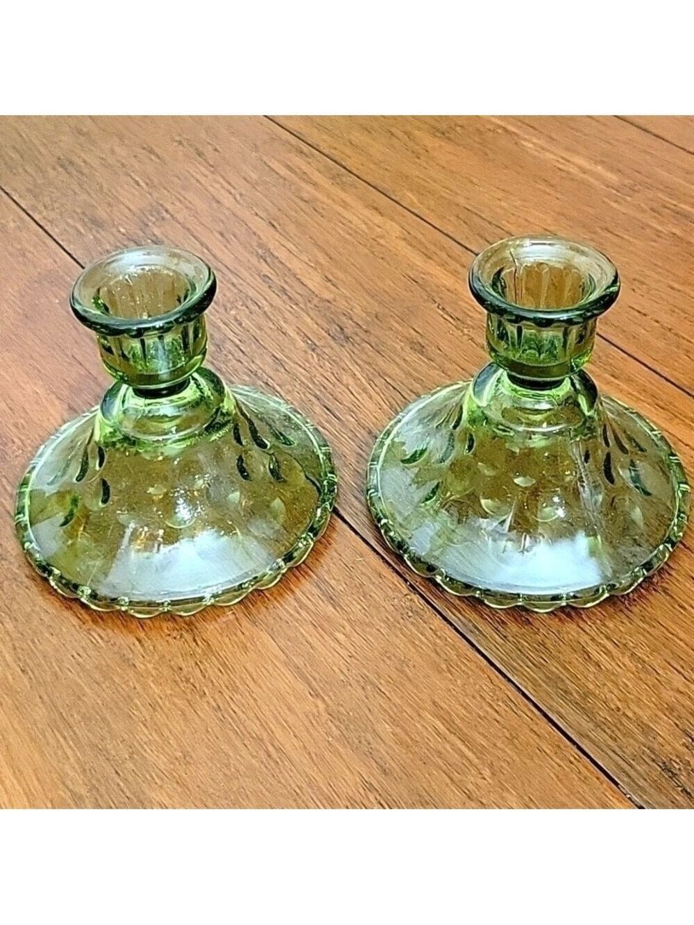 Vintage, 1968 Hazel Atlas Eldorado Green Glass Candlestick Holders (Set of 2)